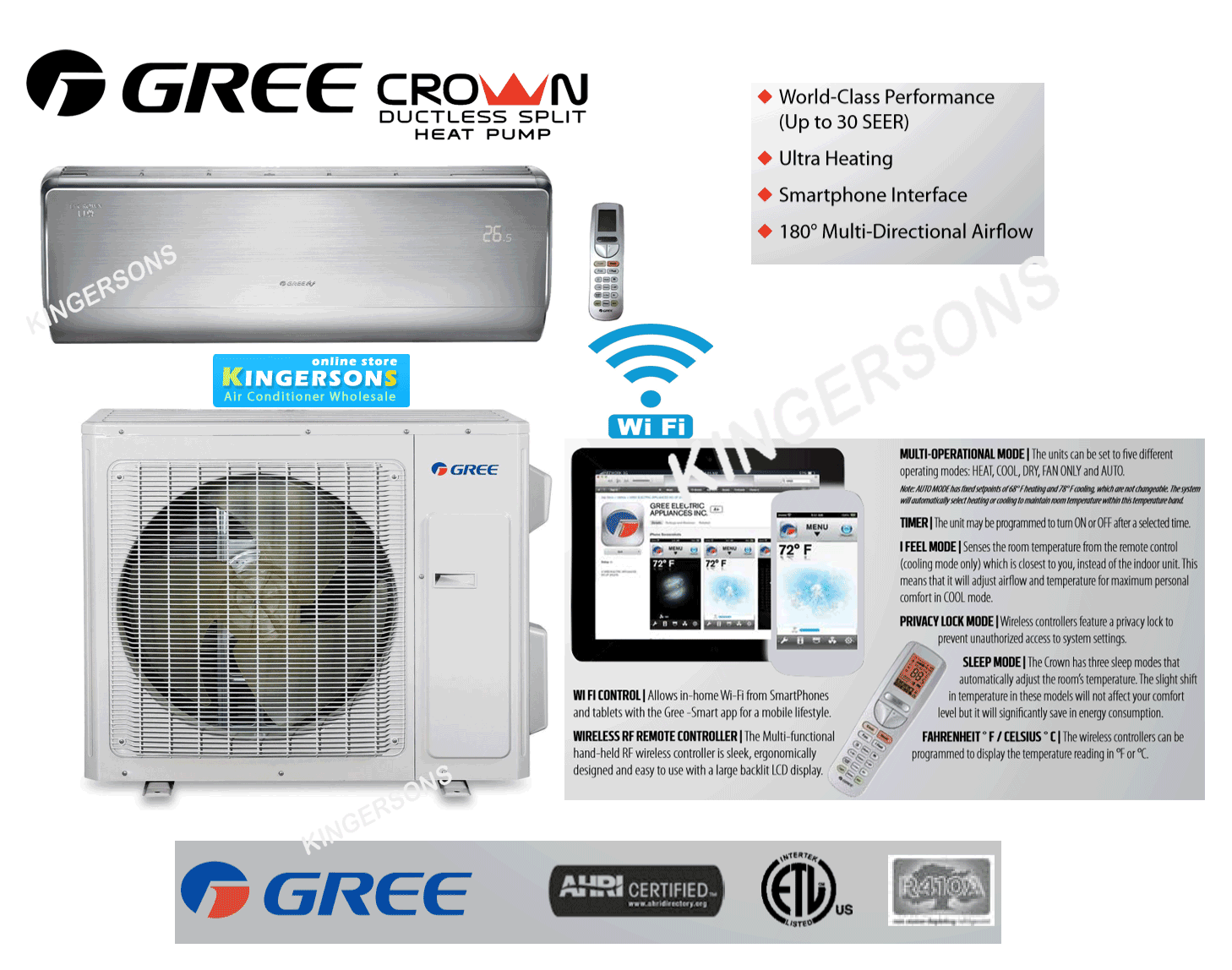 Gree CROWN09HP230V1B 9,000 BTU 30.5 SEER Crown Wall Mount Ductless Mini Split Air Conditioner Heat Pump 208-230V