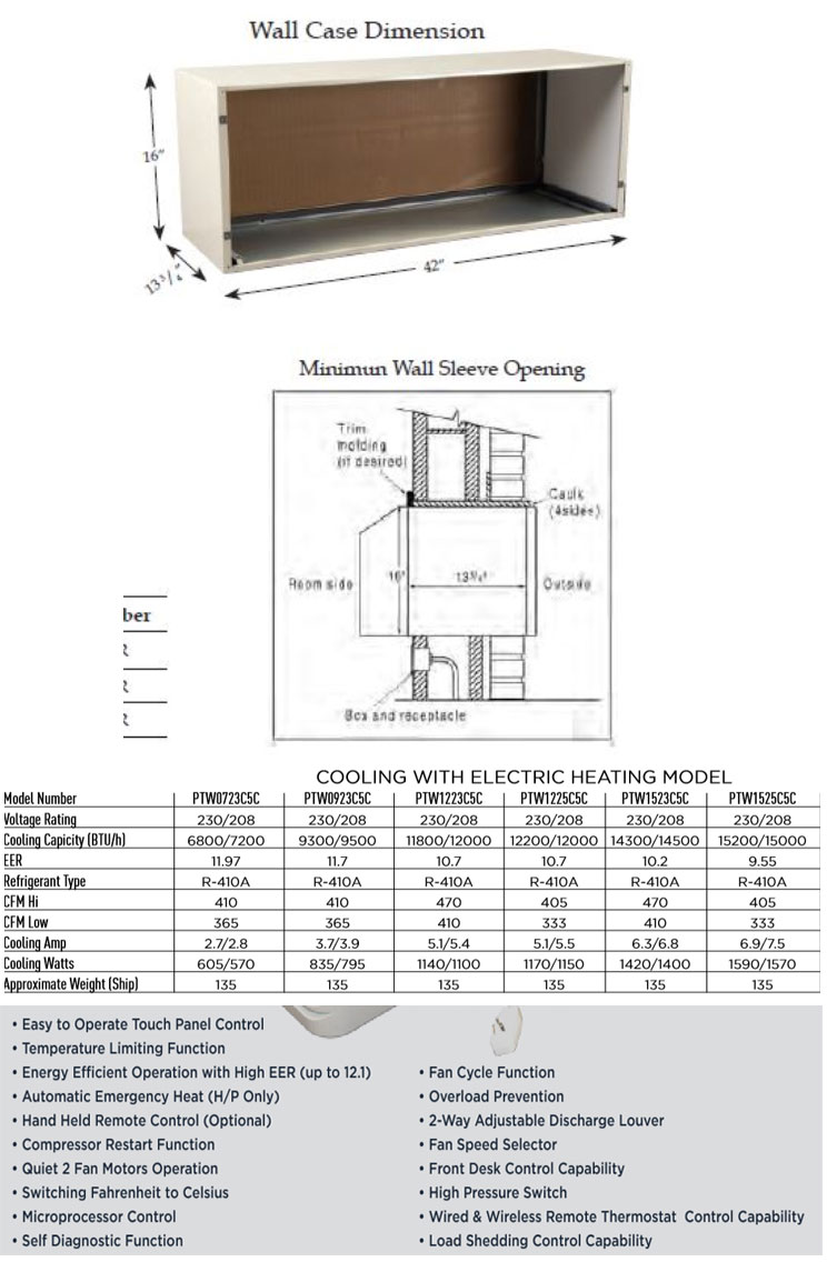 PREMAIRE PTAC PTW1223C5C 12000 btu W Elect Heat Strip Air Conditioner